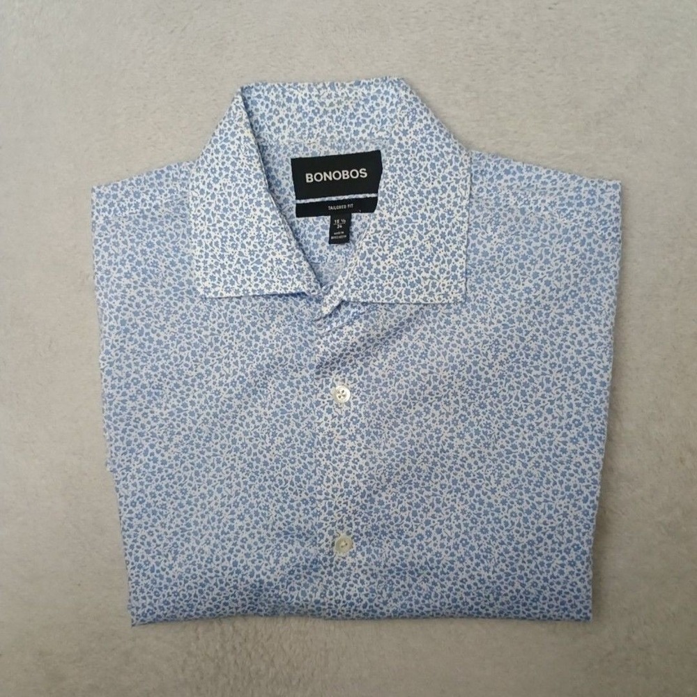 Bonobos Shirt Mens 15.5 34 Blue Floral Button-Up Long Sleeve Cotton Slim Work